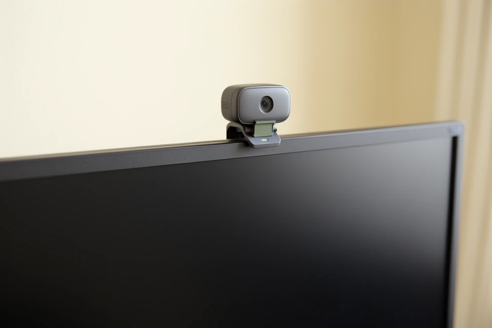 Webcam met gesloten privacyschuifje op de rand van een monitor