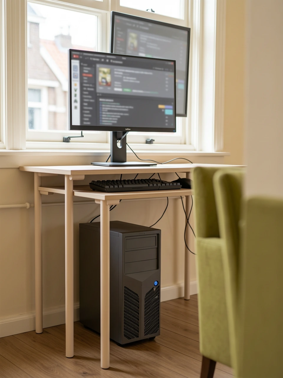 Gamingbureau bij een raam met een desktop-pc onder het werkblad