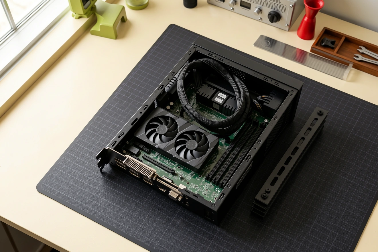 Open desktop-pc met een videokaart, ventilatoren en bekabeling op een werkmat