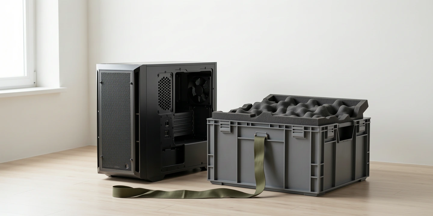 Desktop-pc naast een open transportkist met beschermend schuim